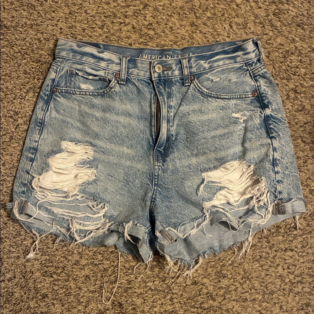 American Eagle Outfitters Light Blue Distressed High-Rise Jean Shorts